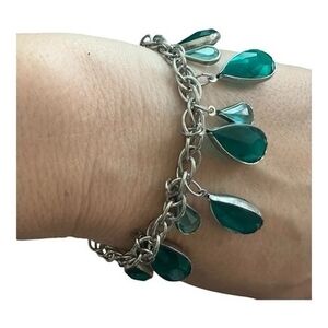 Women's Florence Crystal Charm Bracelet 7.5" Metal Glass Green Blue Costume EXC